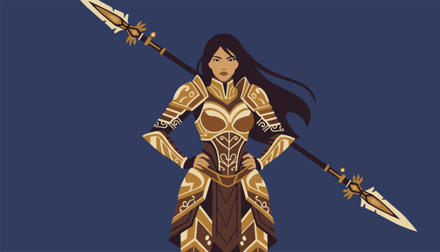 Powerful female warrior in golden battle armor holding a double-ended spear against a dark blue background.