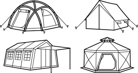 Camping tent vector icon set outline collection linear design elements for outdoor adventure tourism and camping lifestyle © PARUL