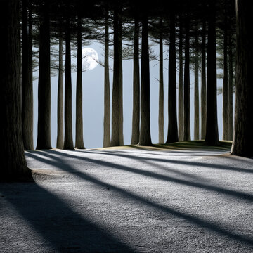Moon pine tree shadow night forest tranquil landscape serene nature outdoor. moon shines through tall pine trees casting long
