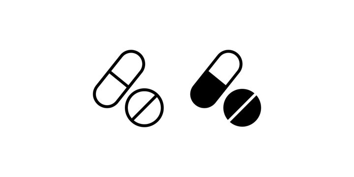 Medicine capsule and tablet pill icon set in solid and linear outline styles.