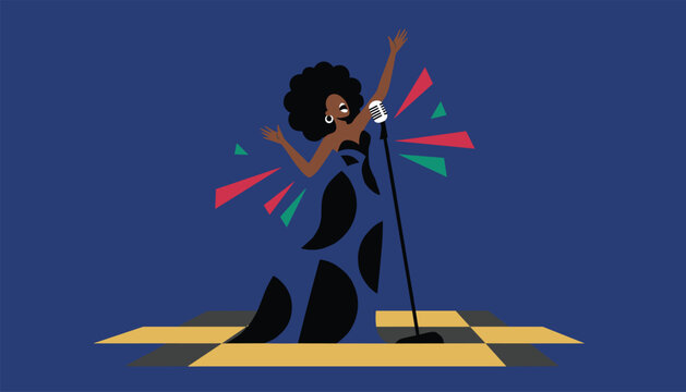 Elegant African American female jazz singer performing passionately on stage under a bright microphone.