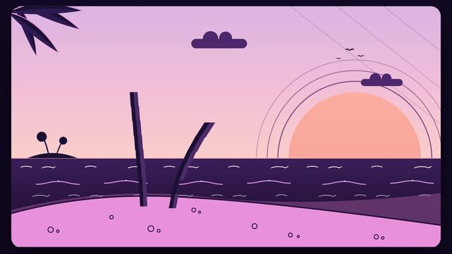 Lo-fi beach sunset music wallpaper with purple flat vector scene