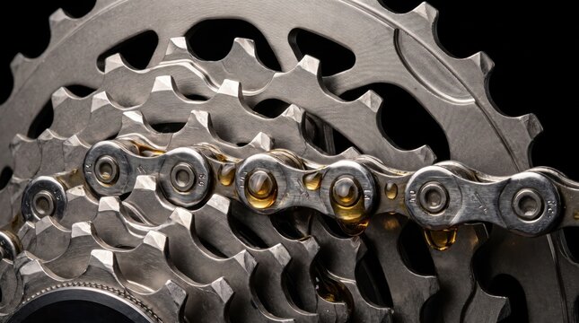 Close-up of lubricated bicycle chain on metal cassette gears