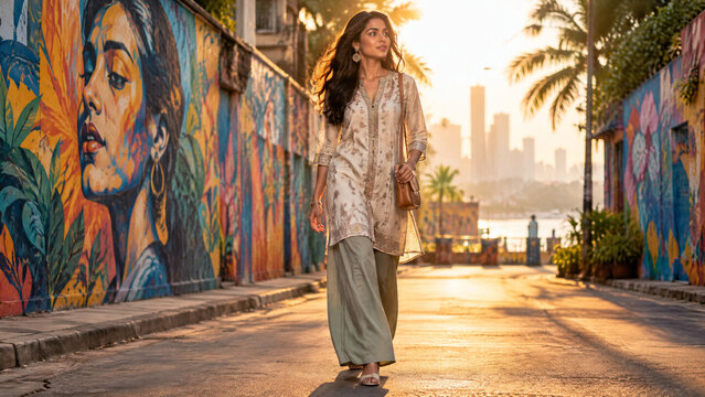Young Indian woman in traditional ethnic clothing walking through a colorful urban art district street