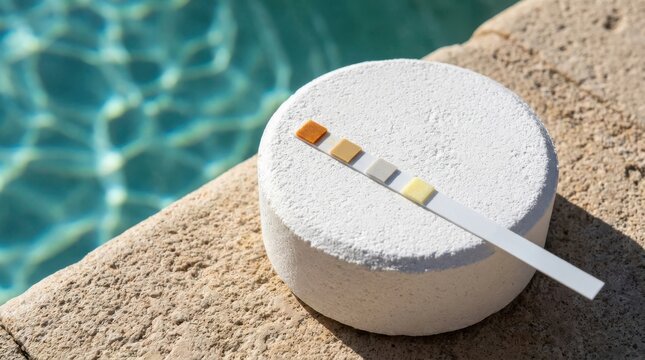 Water test strip laid on chemical chlorine pool tablet highlighting colorful reactant pads for balanced water quality.