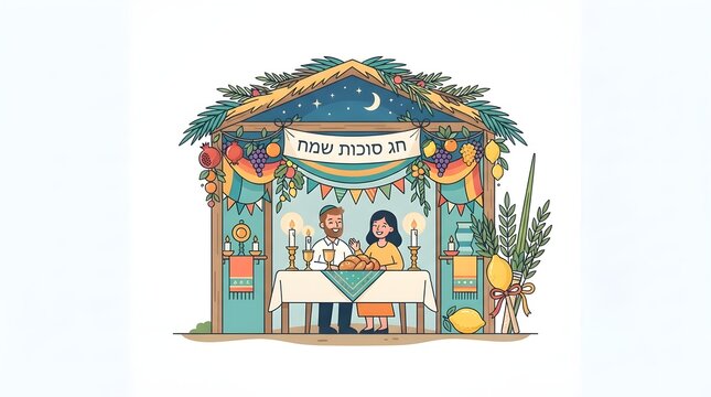 Jewish Couple Celebrating Happy Sukkot inside Decorated Sukkah Hut Vector Illustration with Hebrew Banner Chag Sukkot Sameach