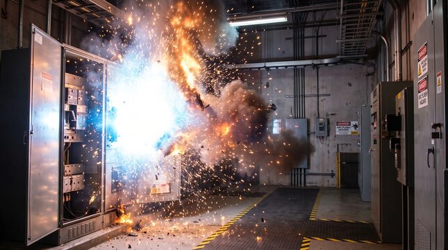 Dangerous electrical arc flash explosion occurring inside an industrial power distribution room