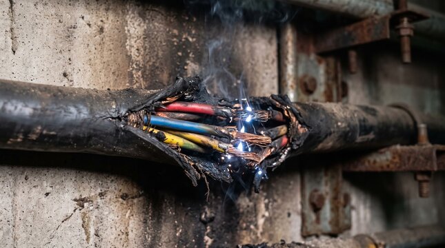 Damaged electrical cable with exposed wires sparking and smoking in an industrial environment