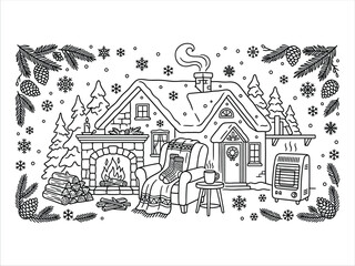Obraz premium Cozy winter cabin scene with fireplace and armchair sketch
