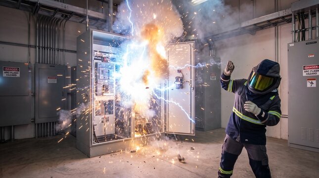 Electrician wearing arc flash protective gear during a high voltage electrical explosion in a facility