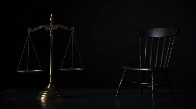Justice balance scale and empty chair symbolize courtroom authority and death penalty debate