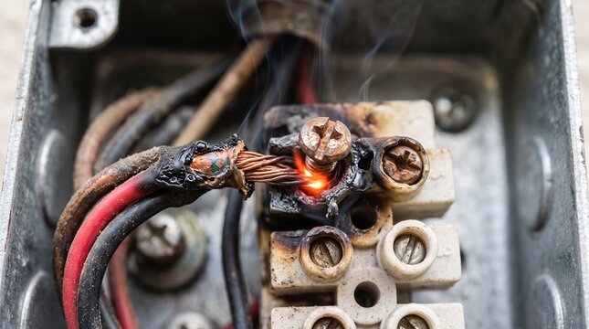 Close up of a dangerous electrical short circuit with burning wires and smoke in a junction box