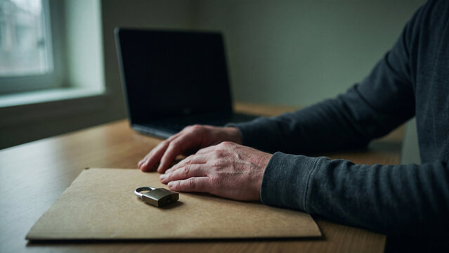 Data privacy and document protection security concept. Man at laptop with padlock on kraft envelope folder for sensitive information, classified file access and personal data protection