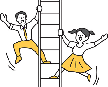 梯子に上ってポーズをとる男女