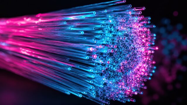 Glowing Pink and Blue Fiber Optic Cables Close Up Abstract Technology Background
