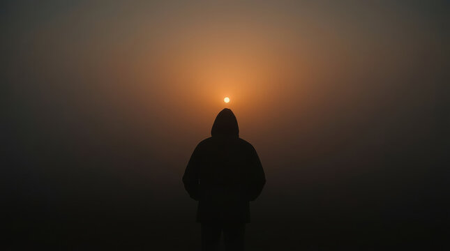 Silhouette person beneath glowing sun in misty darkness evokes mystery and solitude