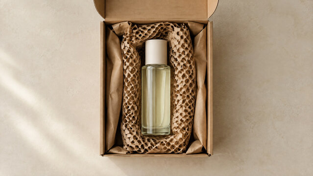 Glass cosmetic bottle inside a cardboard shipping box with eco-friendly honeycomb paper packaging
