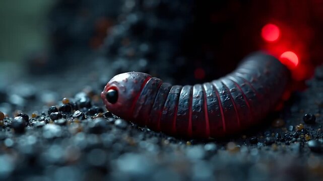 Macro Motion of Creepy Red Alien Parasite Worm Crawling on Dark Terrain