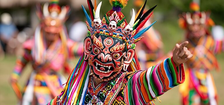 Traditional dancers performing in colorful costumes and intricate masks at an outdoor cultural festival.