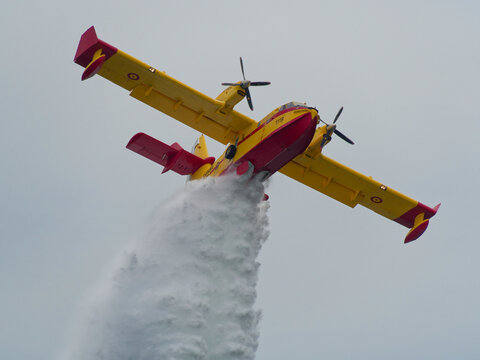 The De Havilland Canadair 515 is a new production amphibious firefighting aircraft developed by De Havilland Canada. Here, shown over Mar Menor in region of Murcia, Spain.