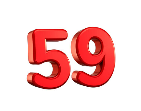 Bright red figure fifty-nine with a high-quality metallic chrome glow. 3D illustration.