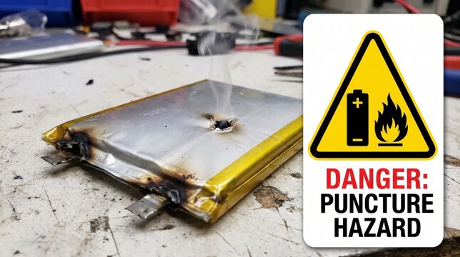 Damaged lithium polymer battery with a puncture hole and smoke emitting on a workbench with warning sign