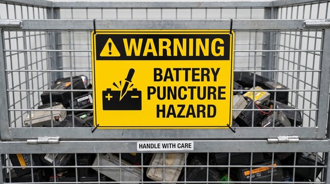 Warning sign for battery puncture hazard attached to a metal wire mesh industrial storage container