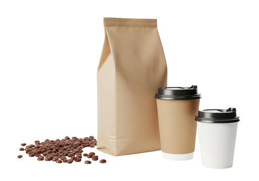 Coffee beans bag cups isolated transparent background isolated on transparent background