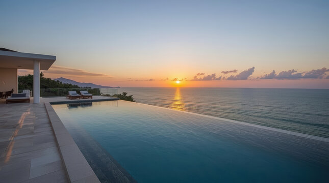 Luxury private infinity pool beside minimalist villa at sunset with ocean horizon and calm water