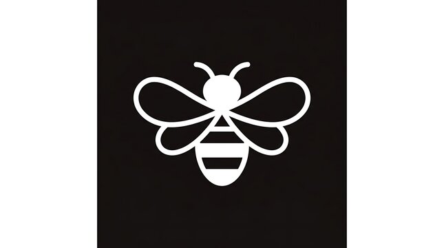 Minimalist white bee logo on black background.