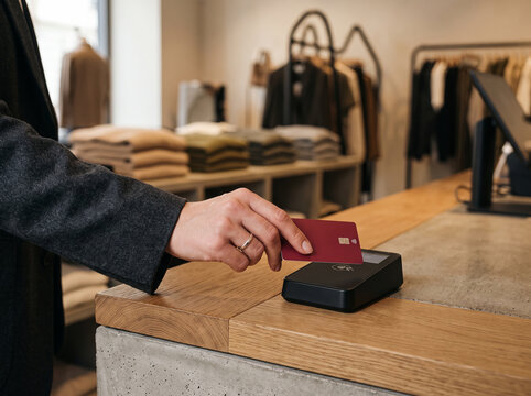 Customer paying for clothing purchase using contactless credit card payment terminal in retail store with nfc payment