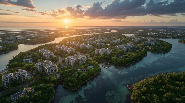 Sustainable Coastal City With Eco Friendly Buildings Mangrove Forests And Renewable Energy