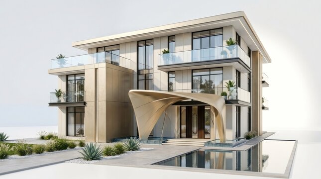 A modern, luxurious house with a curved, geometric facade and large windows, situated on a waterfront property with a pool and landscaped gardens.