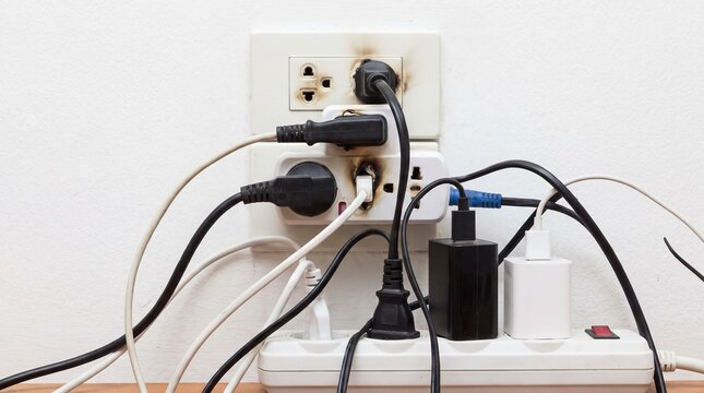 Overloaded electrical wall outlet with multiple power strips and tangled cables causing fire hazard