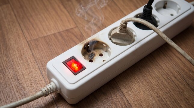 Damaged electrical power strip overheating and smoking on a wooden floor with a red power indicator