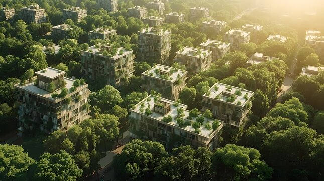 Green Future City With Modern Buildings Surrounded By Trees And Golden Sunlight