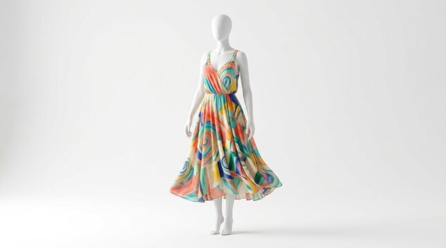 A mannequin wearing a colorful, sleeveless dress with a flowing, flowing pattern, standing against a plain white background.