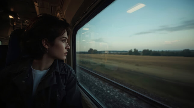 Young woman gazing through train window across rural landscape