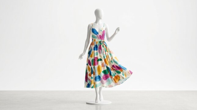 A mannequin wearing a colorful, sleeveless dress with a floral pattern, standing against a plain white background.