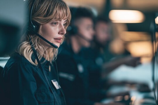Focused customer service representative wearing headset working in a call center office