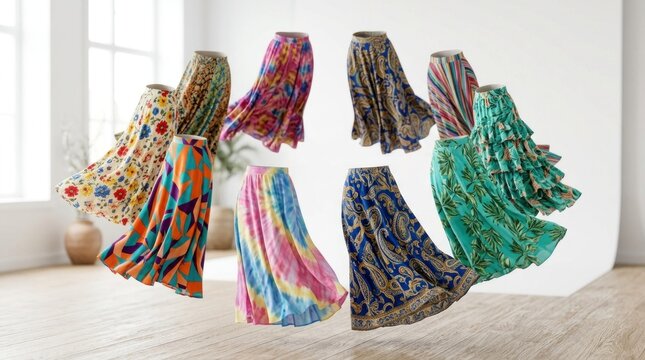 A collection of colorful, patterned maxi skirts in various designs and colors, hanging in a room with a white wall and wooden floor.