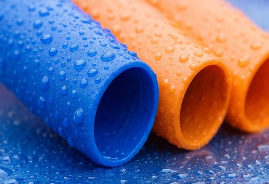 Close up of blue and orange plastic PVC pipes covered with water droplets, representing plumbing, irrigation, drainage, sewage, construction, infrastructure, and industrial applications.