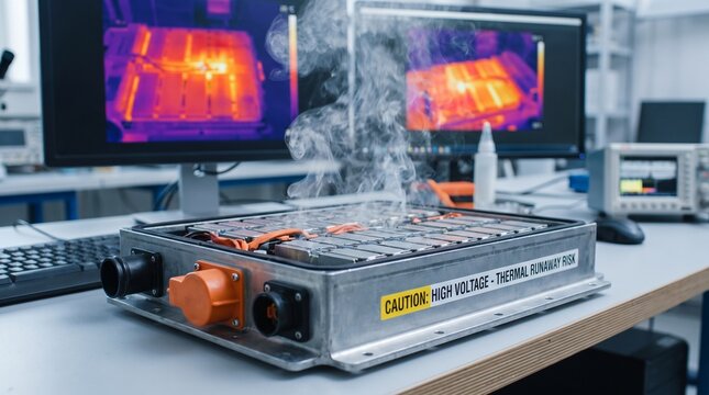 Electric vehicle battery pack overheating with smoke and thermal imaging analysis in a laboratory