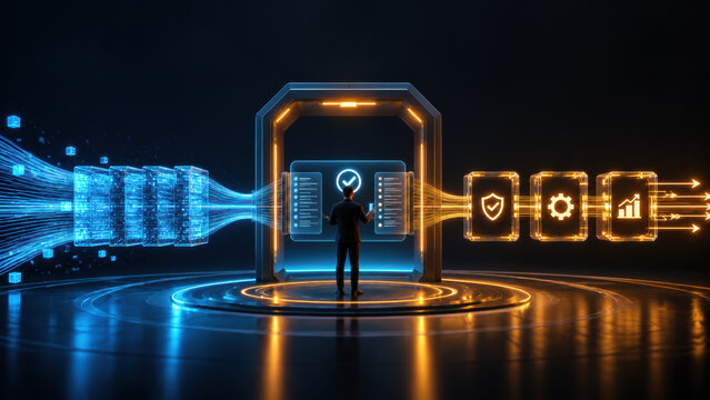 Automated digital workflow pauses for human review at secure technology checkpoint before continuing through connected data systems
