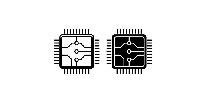 Electronic microchip processor icon set with circuit board lines for hardware and computing.