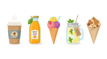 Fototapeta premium Summer food and drink vector set, cold pressed juice and takeaway coffee icons, ice cream cone and healthy snacks collection for cafe menu