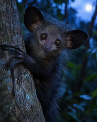 Fototapeta premium Aye-Aye Clinging to a Tree Trunk in a Madagascar Rainforest 