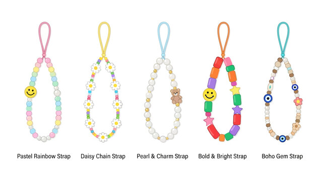 Colorful beaded phone strap collection, set of 5 aesthetic mobile wrist charms with pastel rainbow, daisy chain, pearl, bold bright, and boho gem styles
