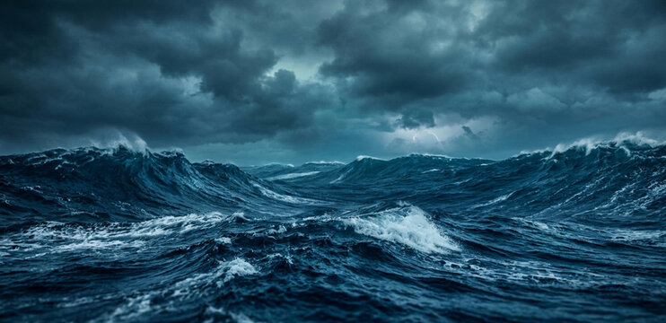 Dark and stormy blue ocean waves collection, featuring celestial bodies like stars, a sun ray, and planets in the night sky. Photorealistic and fantasy seascapes.