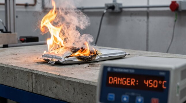 Lithium-ion battery undergoing thermal runaway with flames and smoke on a laboratory test bench